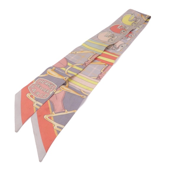 HERMES Twilly Scarf Scarves Silk Gray Orange Yellow - Picture 1 of 10